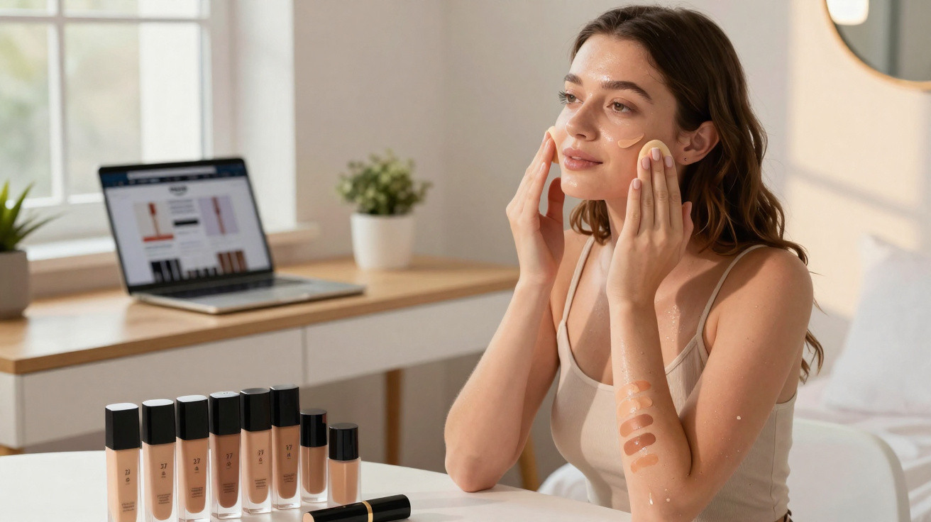 Mulher experimenta diferentes tons de base líquida no rosto e braço, com produtos sobre a mesa.