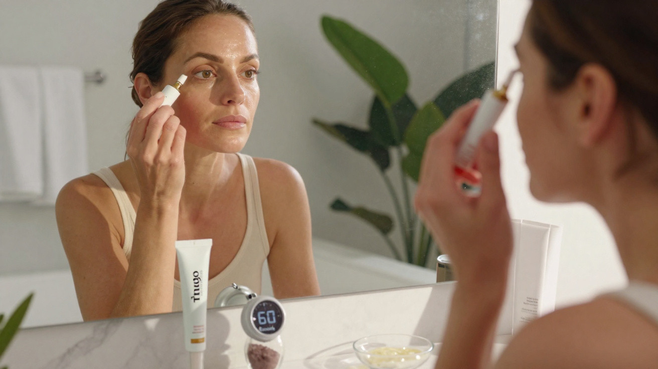 Mulher aplicando creme de olhos junto ao espelho numa casa de banho luminosa.