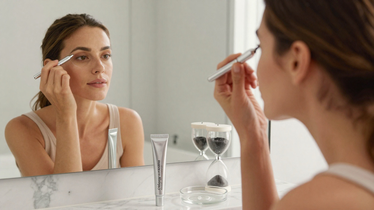 Mulher aplica maquilhagem nas sobrancelhas à frente de espelho num ambiente luminoso e minimalista.