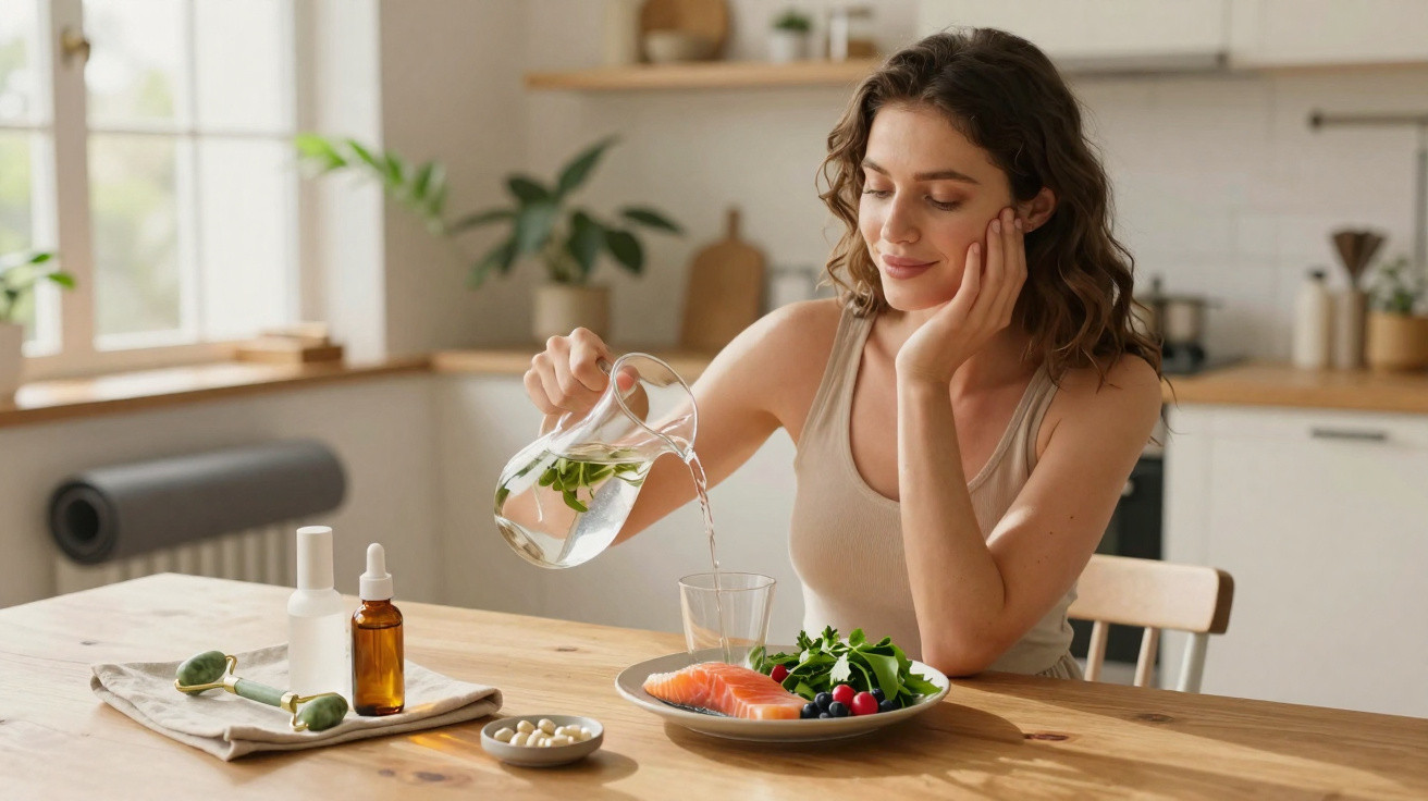 Mulher sentada à mesa na cozinha a servir água num copo, com prato de salmão e salada à frente.