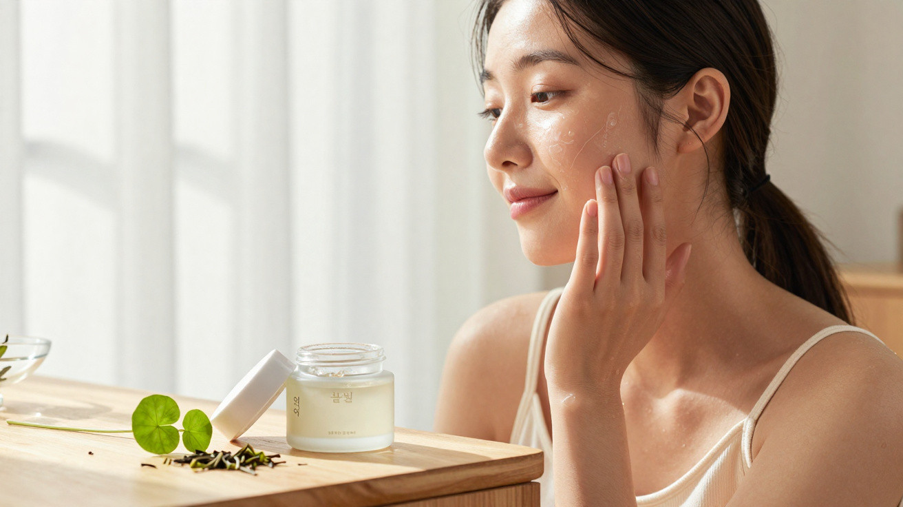 Mulher aplica creme facial, sentada junto a mesa com frasco de creme e folhas verdes.