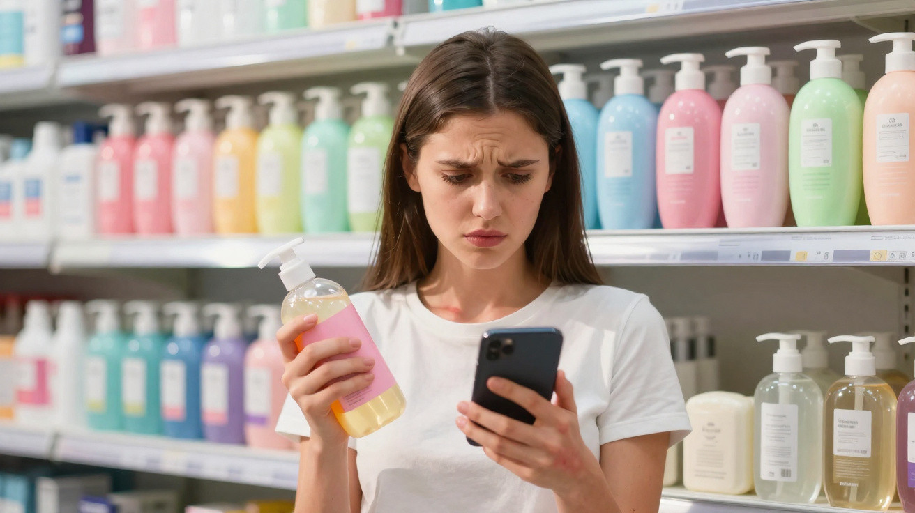 Mulher numa loja de cosméticos, segurando um frasco e olhando para o telemóvel com expressão preocupada.