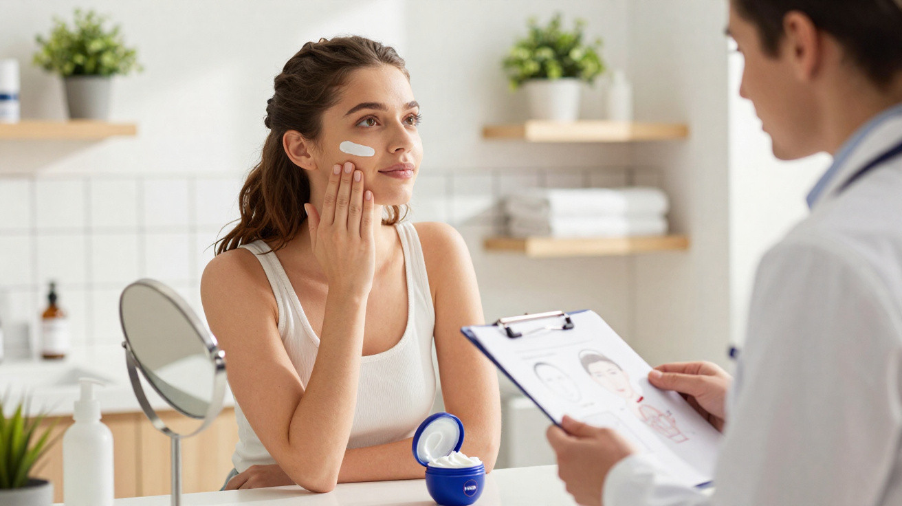 Mulher aplica creme no rosto enquanto consulta especialista em ambiente clínico com produtos de cuidado facial.