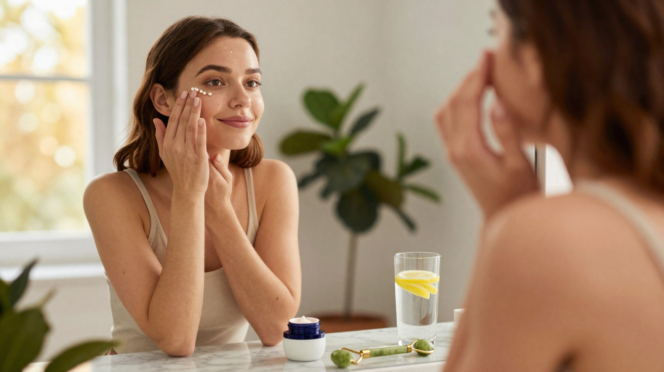 Mulher jovem a aplicar creme no rosto perante um espelho, com jarro, copo e rolo facial na mesa.