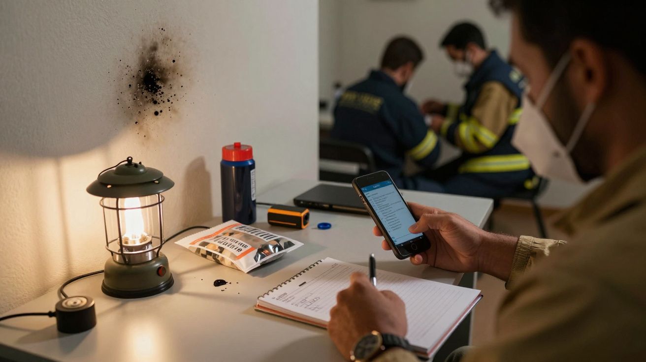 Pessoa de máscara a escrever num caderno enquanto consulta informações num telemóvel, com bombeiros ao fundo.