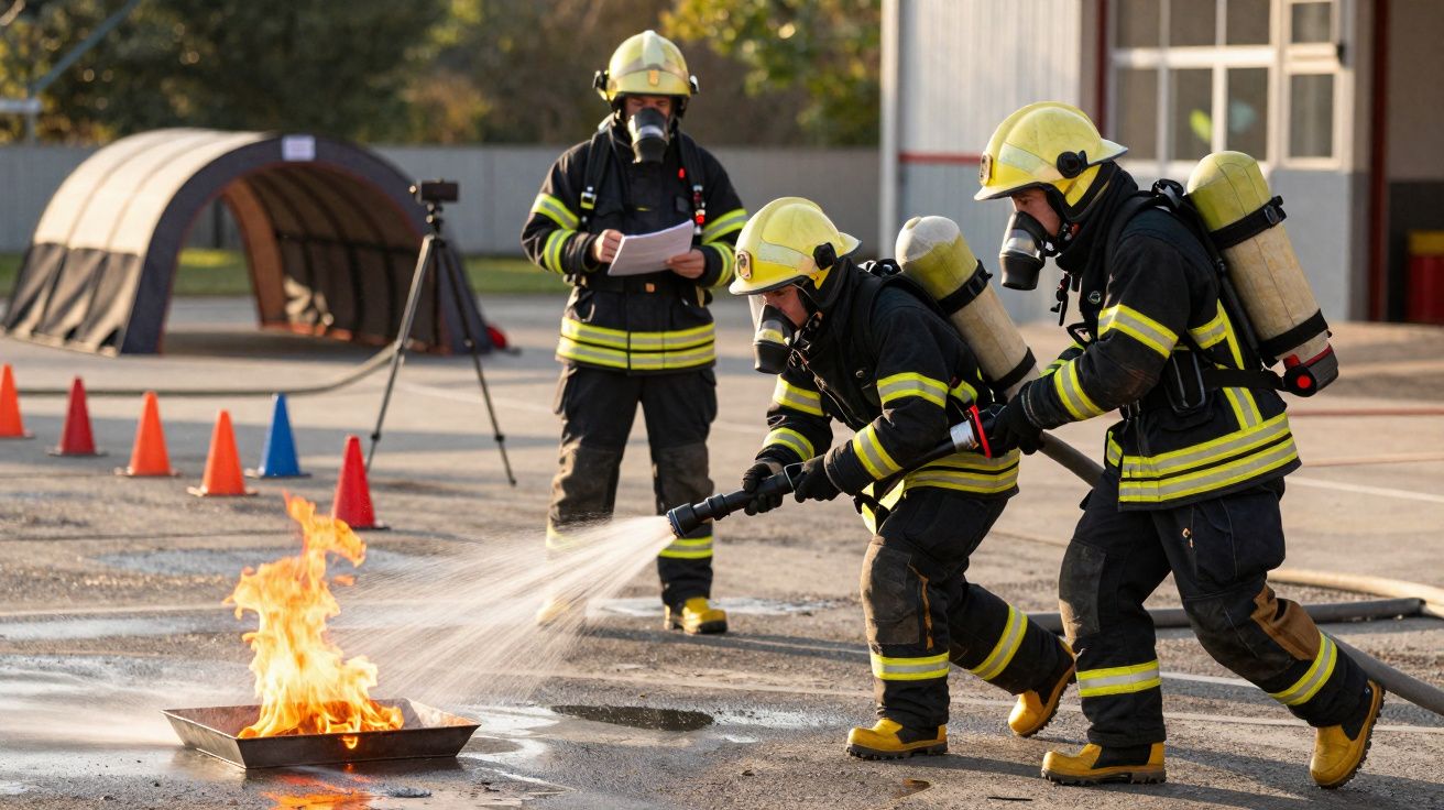 Bombeiros em equipamento a apagar fogo num exercício de treino exterior junto a cones coloridos.