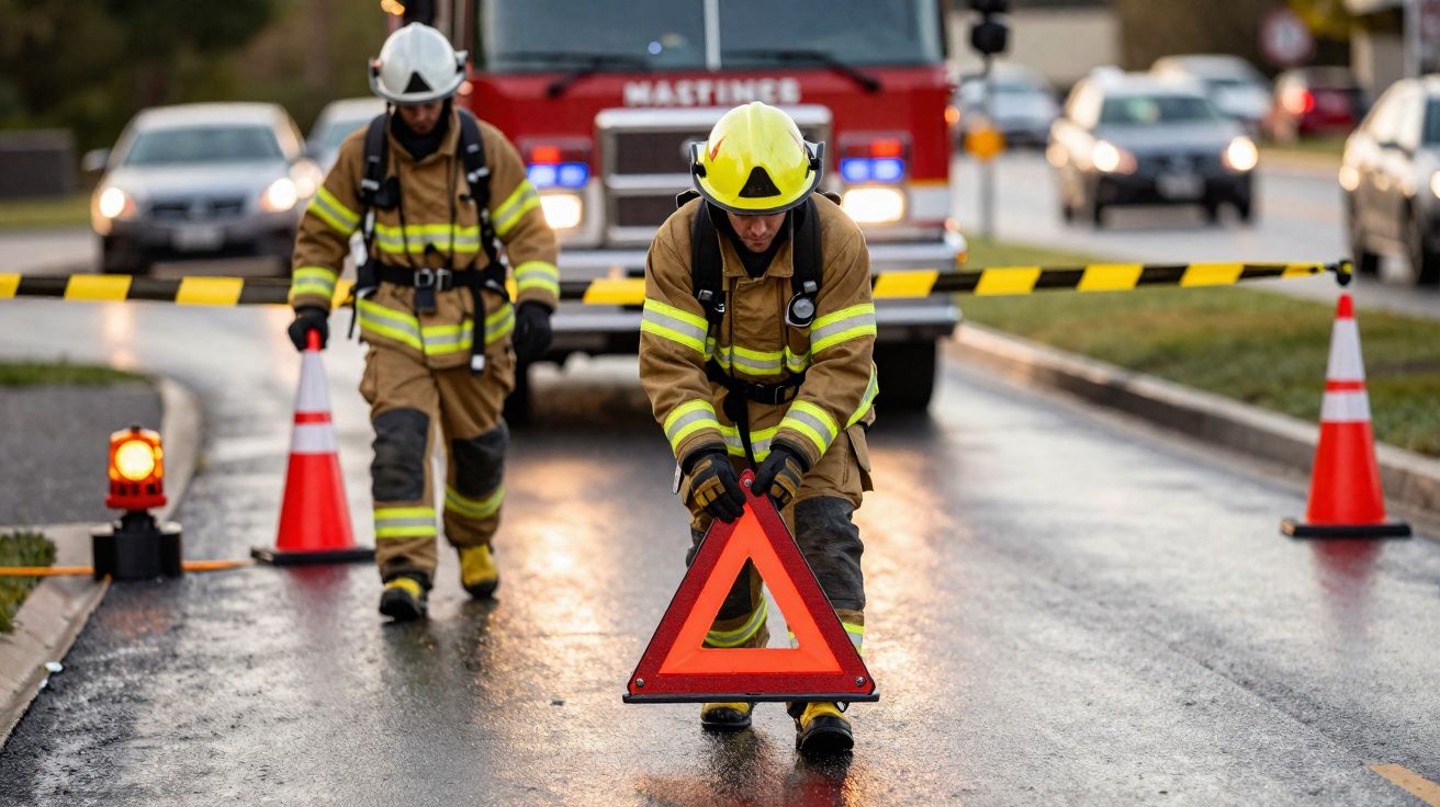 Dois bombeiros a colocar sinal triangular de emergência numa rua bloqueada por cones e fita de isolamento.