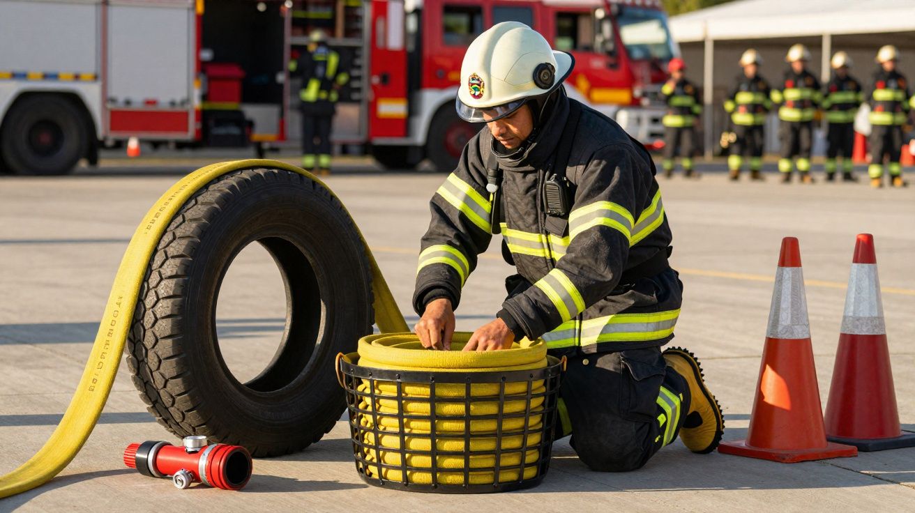Bombeiro de joelhos a preparar mangueira perto de cones e camião de bombeiros em dia ensolarado.