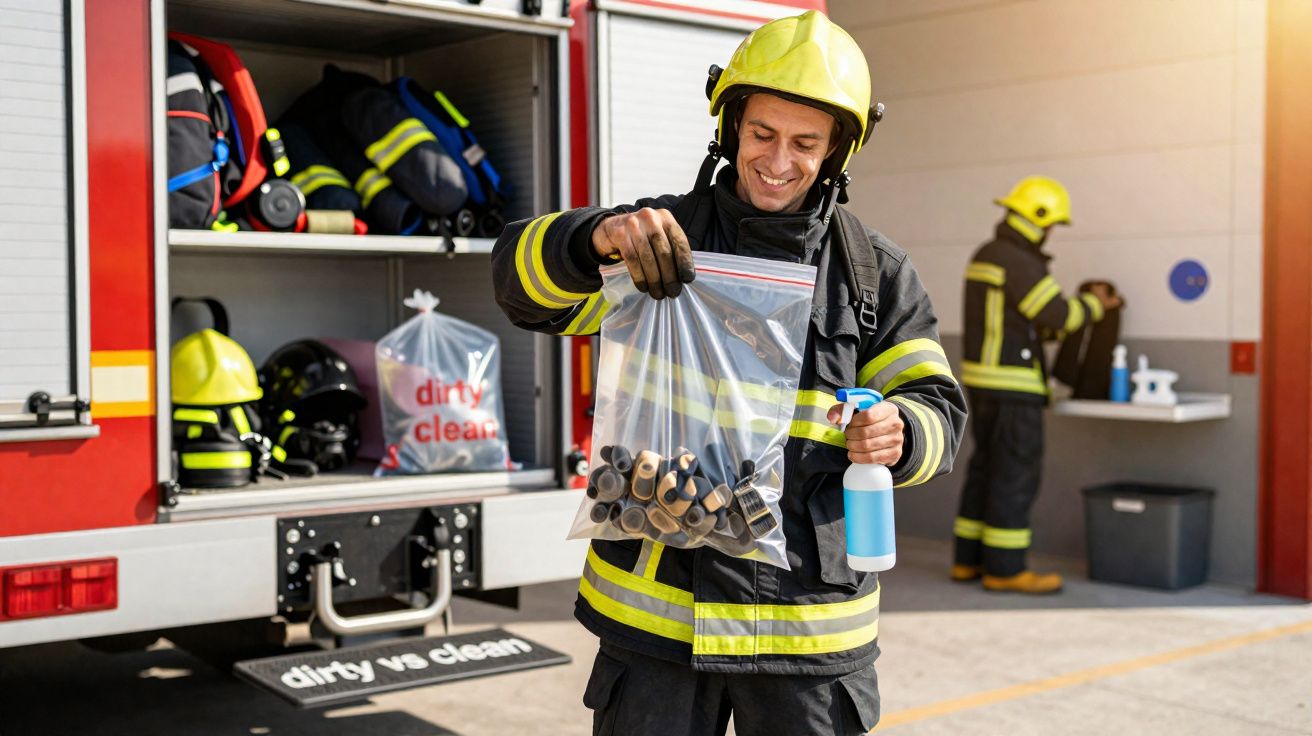 Bombeiro sorridente com capacete segura cápsulas e spray junto a camião de bombeiros.