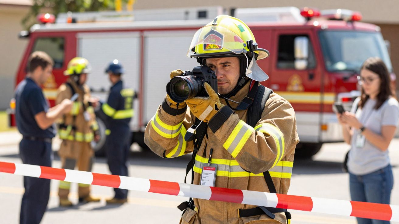 Bombeiro com equipamento de proteção a tirar fotografias com câmara, perto de autocarro de bombeiros e pessoas ao fundo.