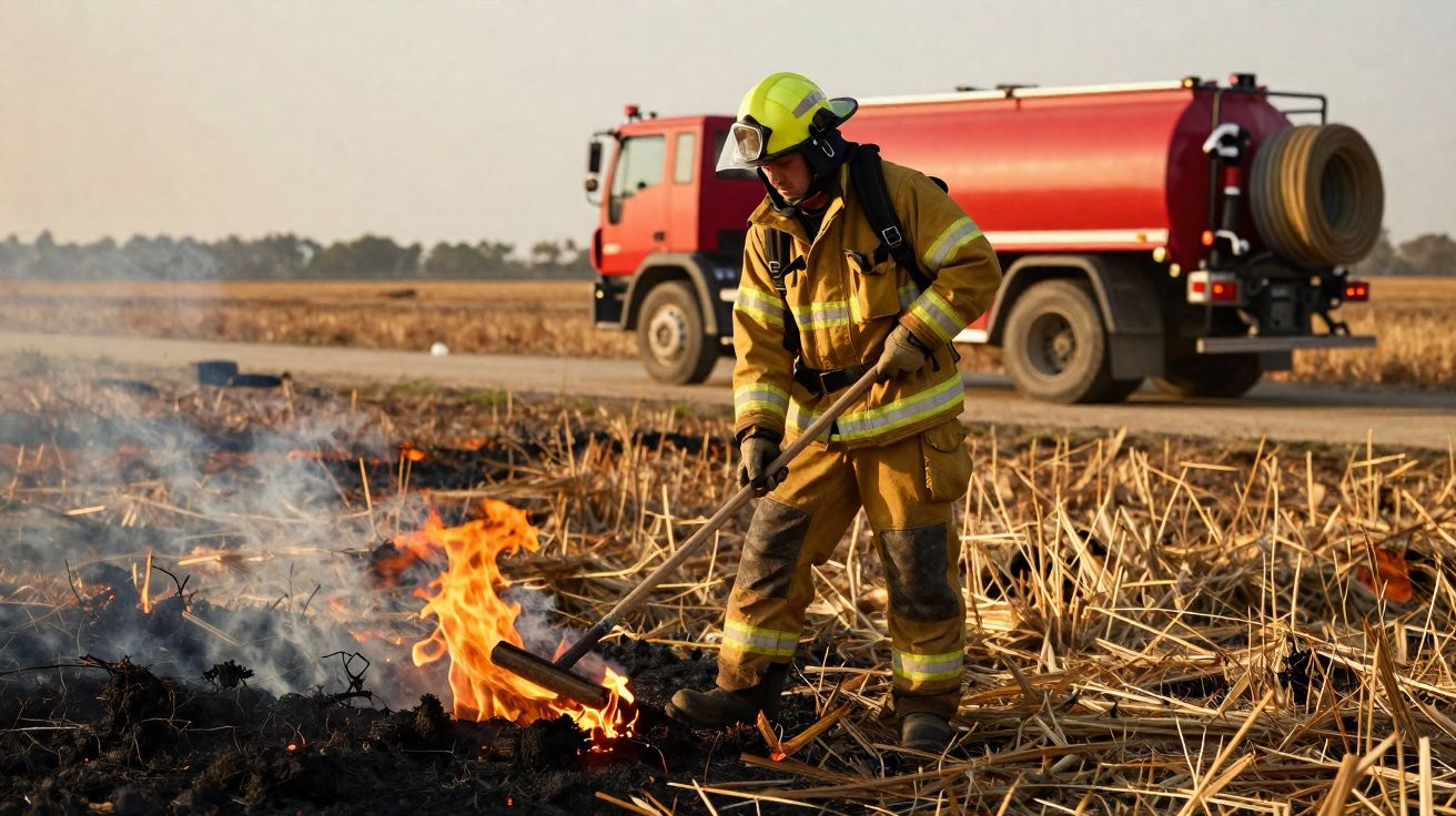 Bombeiro em equipamento completo a apagar fogo num campo seco com camião de bombeiros vermelho ao fundo.