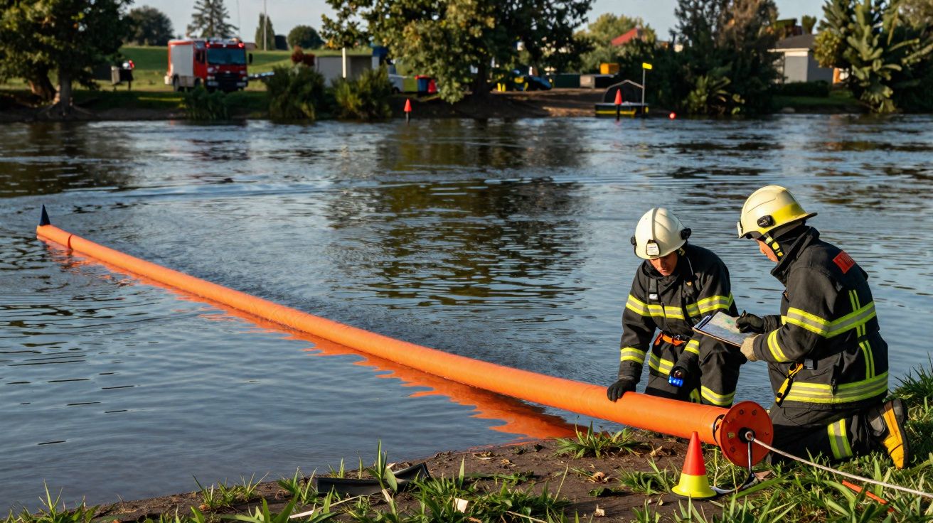 Dois bombeiros com equipamento de proteção ajustam barreira flutuante laranja num lago, com camião de bombeiros ao fundo.