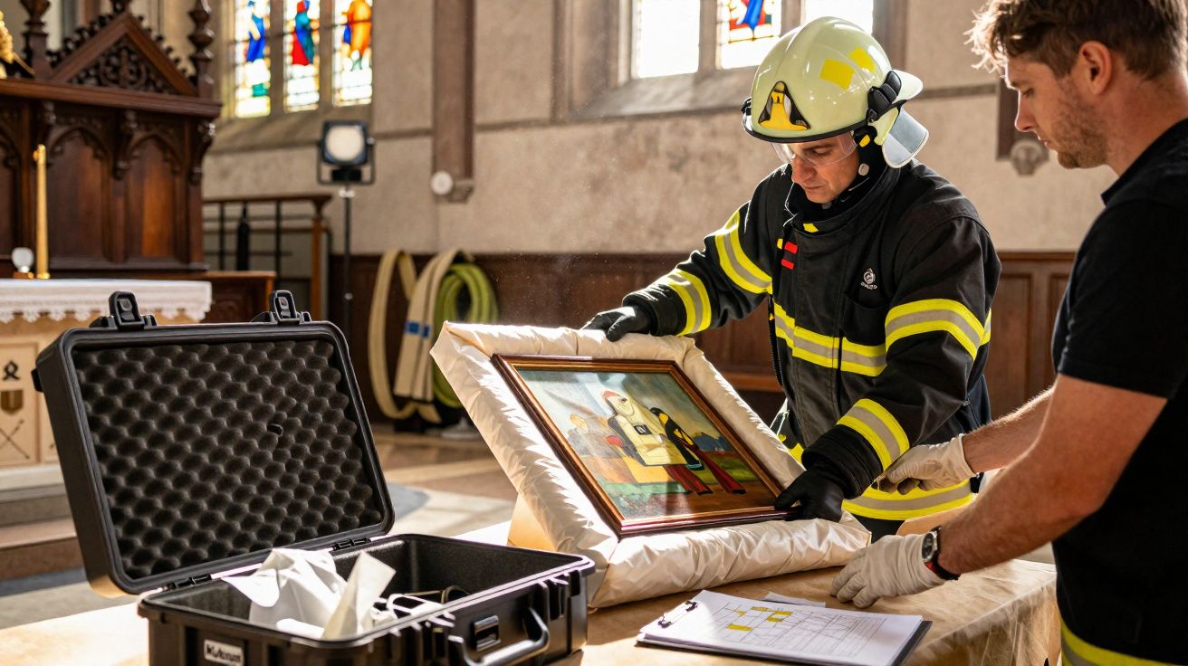 Bombeiro e técnico a manusear com cuidado uma pintura numa igreja iluminada por vitrais.