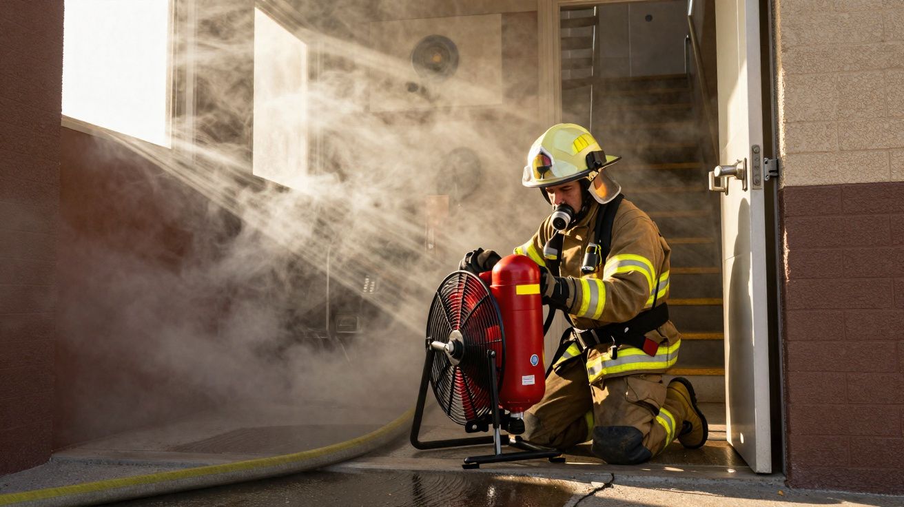 Bombeiro equipado com roupa de proteção regula ventilador para dispersar fumo num edifício.
