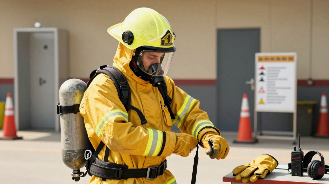 Bombeiro equipado com capacete amarelo e fato de proteção a ajustar equipamento num cenário industrial.