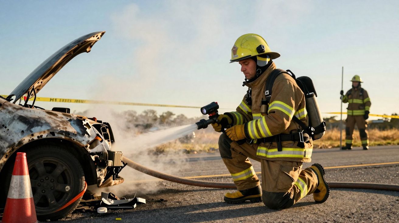 Bombeiro em equipamento completo combate incêndio num carro danificado na estrada numa operação de emergência.