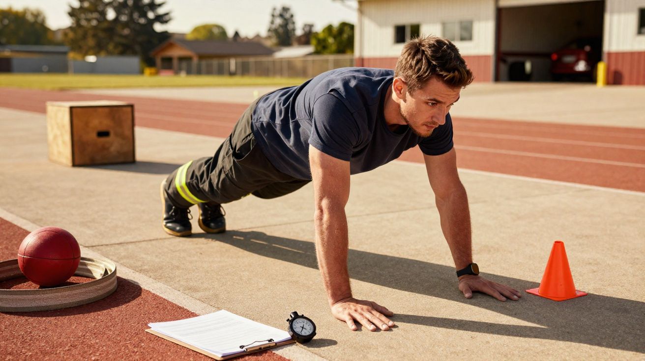 Homem a fazer flexões num espaço exterior com equipamentos de treino e cronómetro.