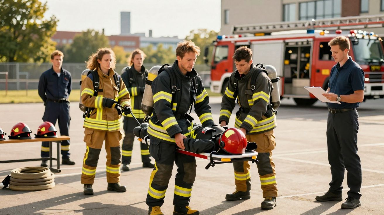 Bombeiros em uniforme transportam colega ferido numa maca durante treino, com camião de bombeiros ao fundo.