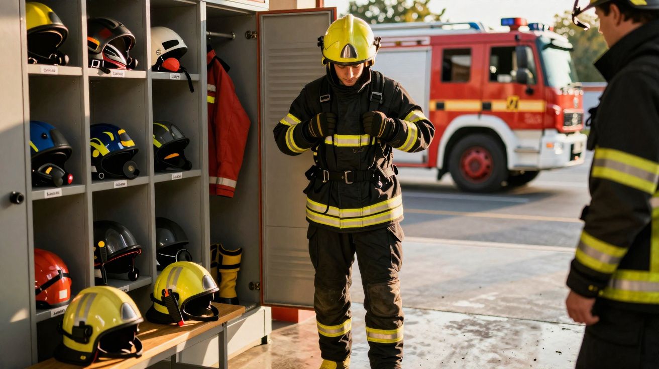 Bombeiro vestindo equipamento de proteção em garagem com capacetes e camião dos bombeiros ao fundo.