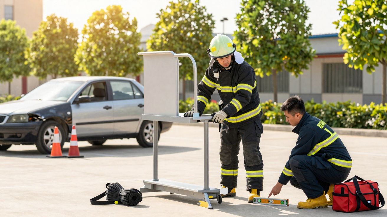Dois bombeiros em treino, um usa capacete e outro mede nível do chão perto de carro acidentado.