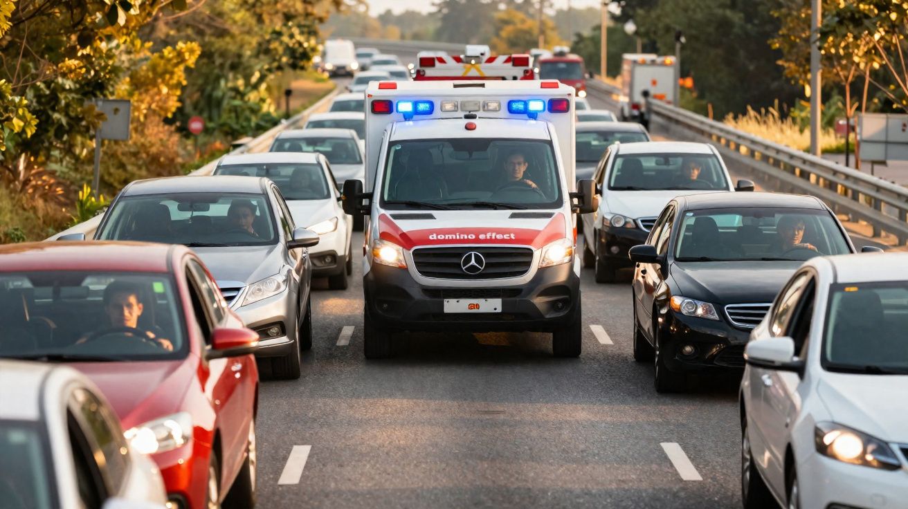 Ambulância com luzes ligadas avança em trânsito intenso numa estrada rodeada por árvores.