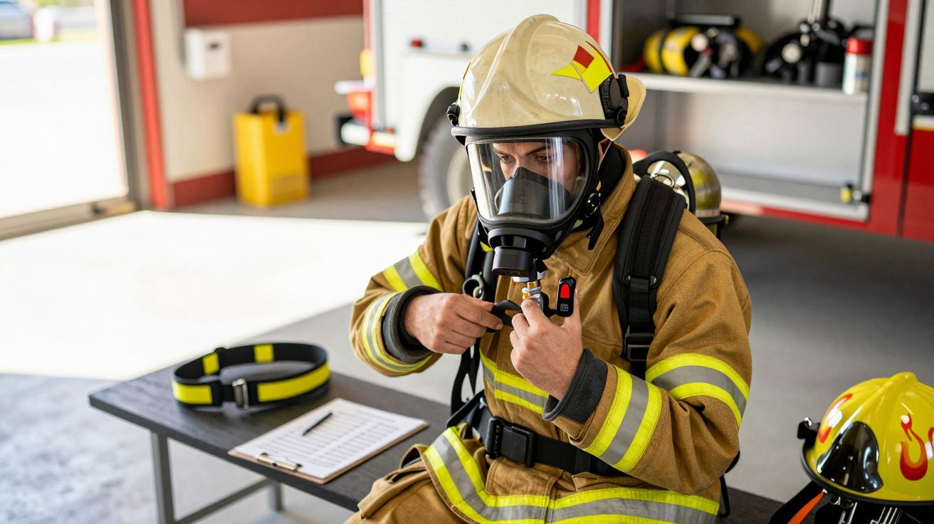 Bombeiro em equipamento completo com máscara de proteção a ajustar válvula junto a viatura de bombeiros.