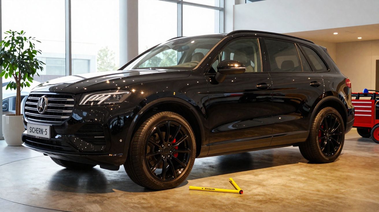 Automóvel Mercedes-Benz SUV preto estacionado em espaço interior com janela grande e planta ao lado.