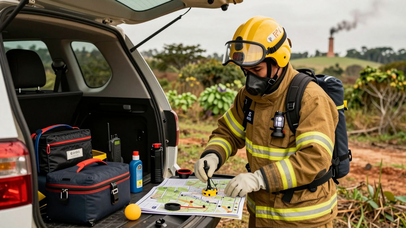 Bombeiro com equipamento completo examina mapa sobre o porta-bagagens de uma viatura em área rural.