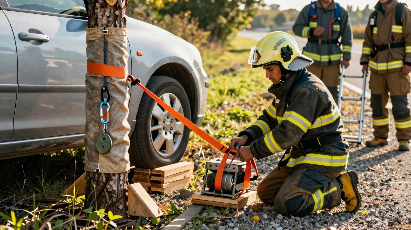 Bombeiro equipados ajustando um sistema de resgate com um automóvel e outros bombeiros ao fundo.