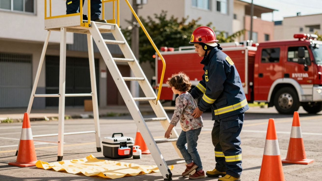 Bombeiro a ajudar criança a subir escada durante demonstração de segurança com carro de bombeiros ao fundo.