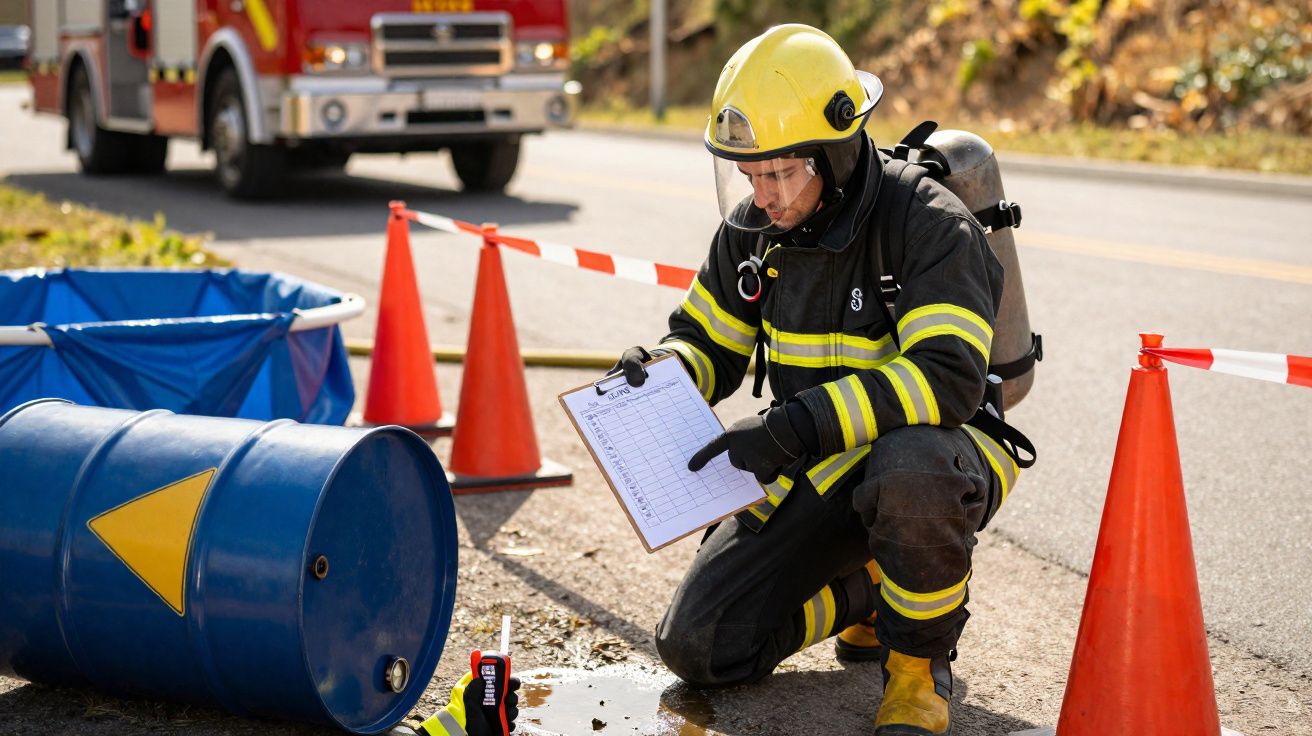 Bombeiro de equipamento completo faz registo junto a barril azul caído em estrada isolada com cones e fita de segurança.