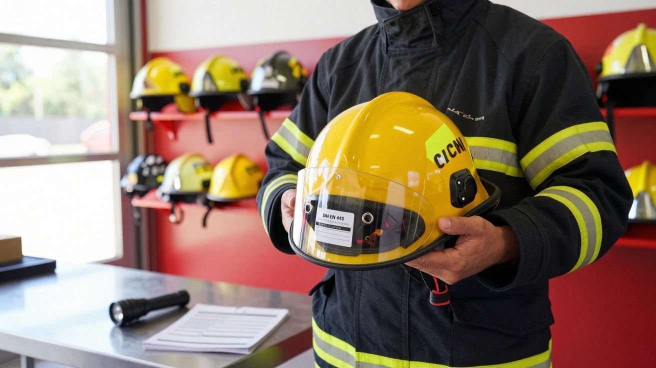Bombeiro em farda a segurar capacete amarelo num quartel com mais capacetes pendurados na parede.