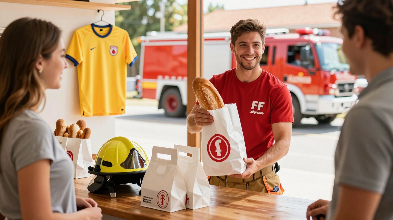 Bombeiro sorridente oferece pão a clientes no balcão de um estabelecimento com camião de bombeiros ao fundo.