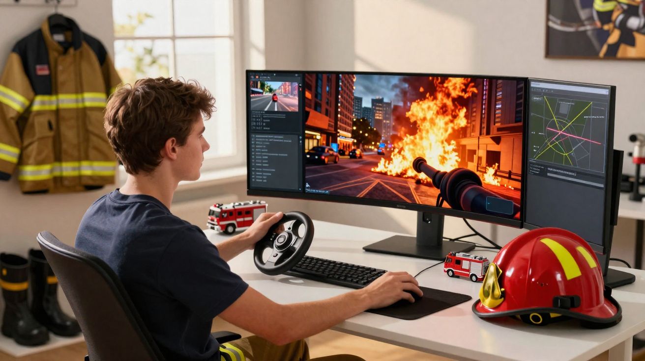 Jovem sentado a jogar simulador de combate a incêndios num computador com volante e dois monitores.
