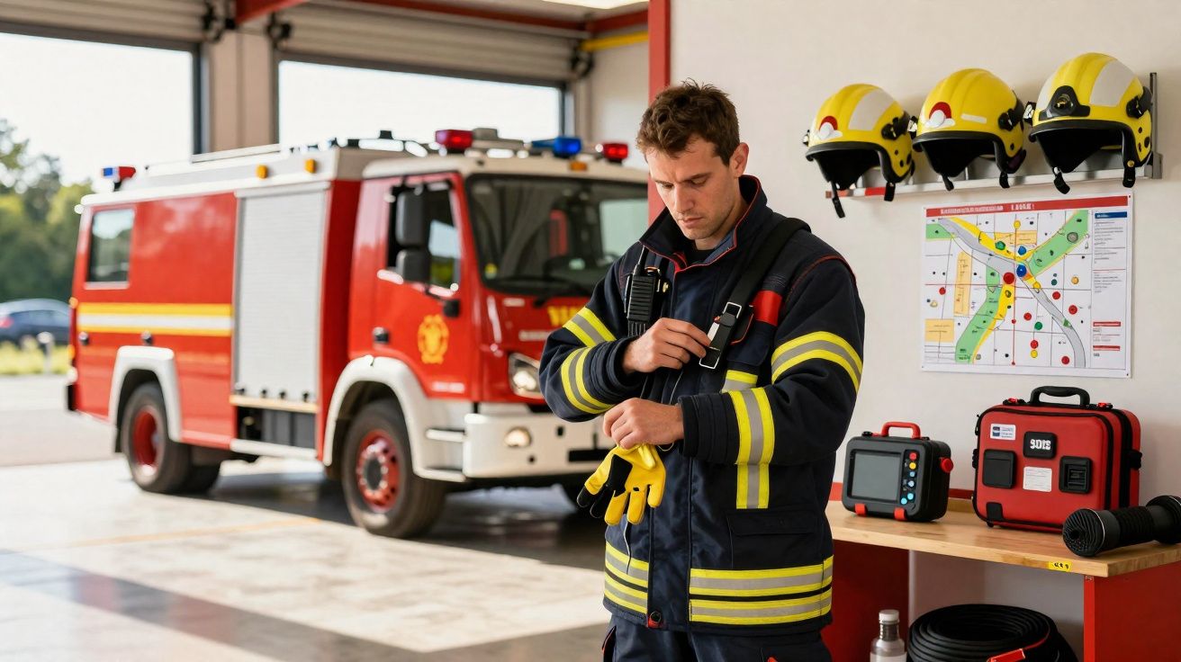 Bombeiro a vestir equipamento junto a camião de bombeiros e material de emergência numa garagem.