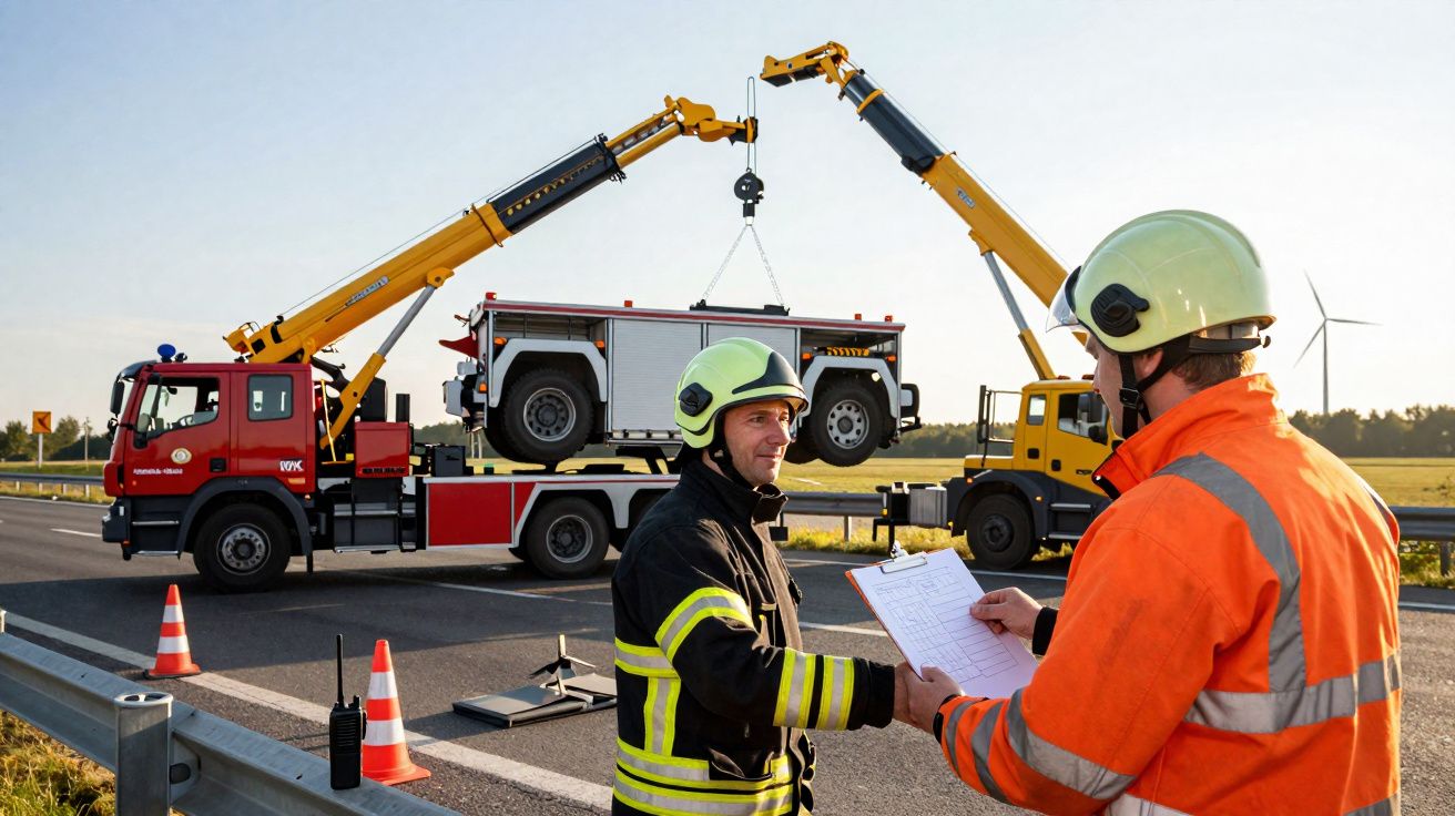 Dois trabalhadores com capacetes supervisionam o içamento de um veículo de emergência por gruas numa estrada.
