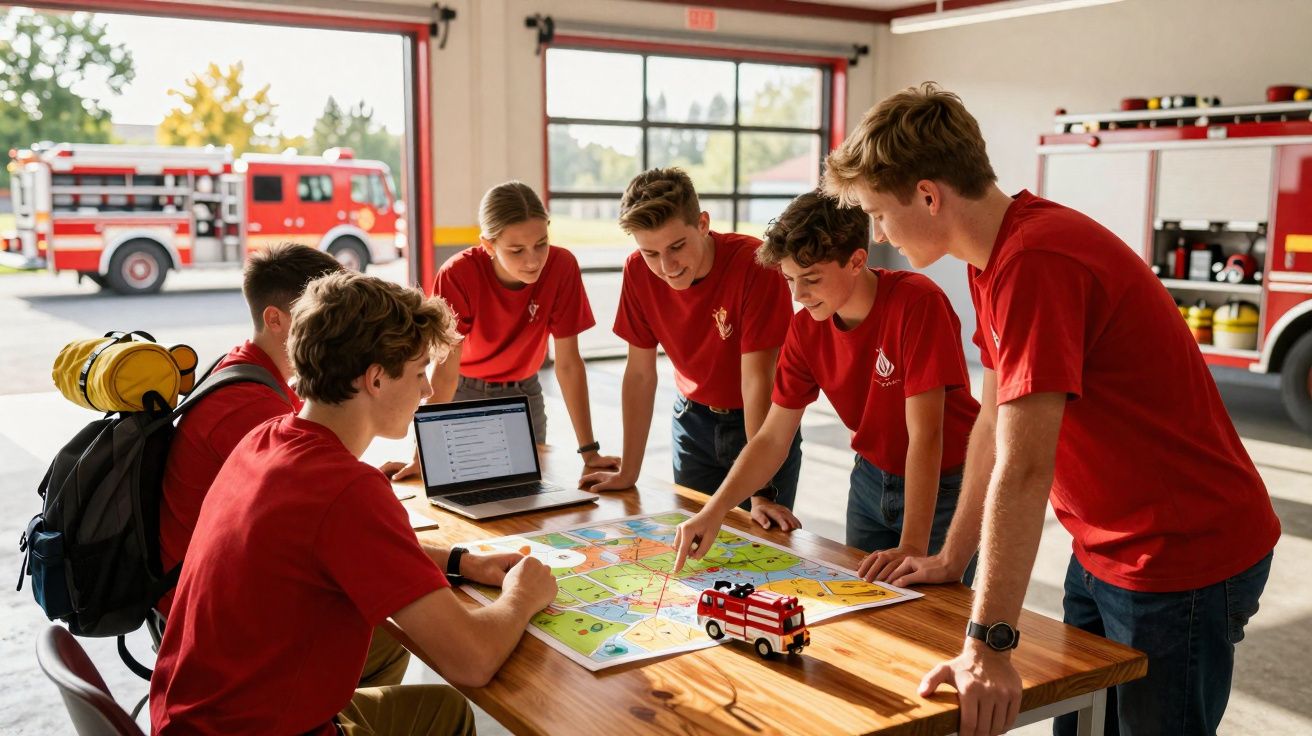 Grupo de jovens bombeiros em formação a estudar mapa e estratégia numa garagem de bombeiros.