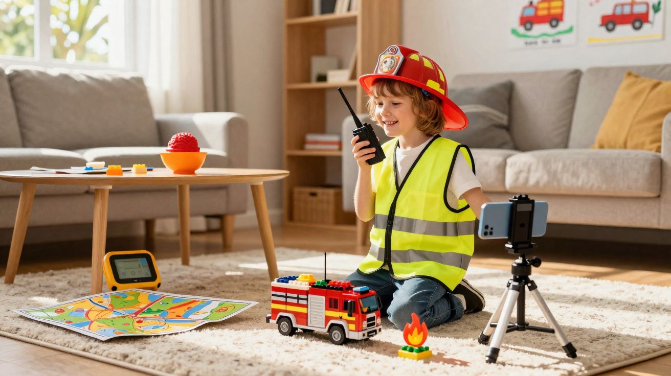 Criança vestida de bombeiro a brincar com caminhão de bombeiros e walkie-talkie numa sala iluminada.