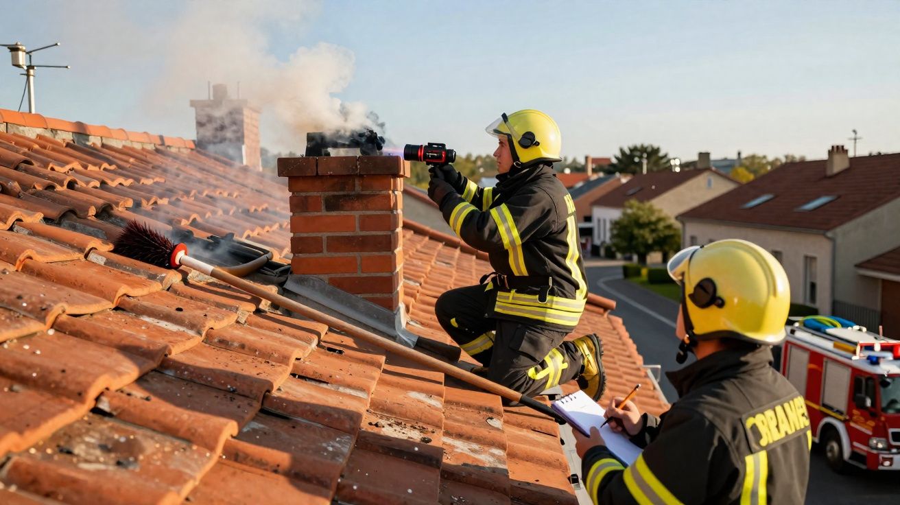 Dois bombeiros com uniformes amarelos inspecionam uma chaminé a fumegar num telhado de uma casa.