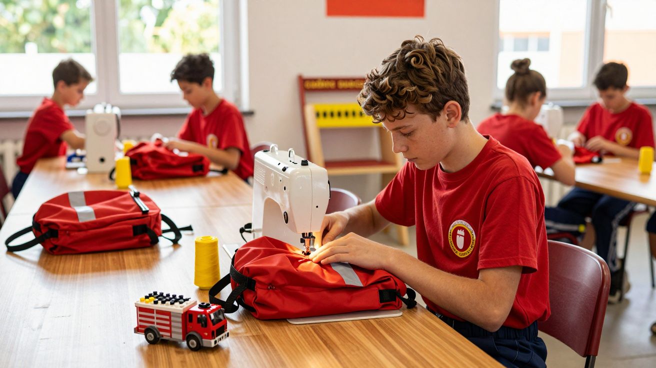 Crianças em sala de aula costurando mochilas vermelhas com máquina de costura durante atividade escolar.