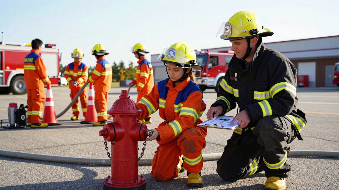 Bombeiros jovens com equipamentos de proteção a praticar treino junto a hidrante vermelho num parque de viaturas.