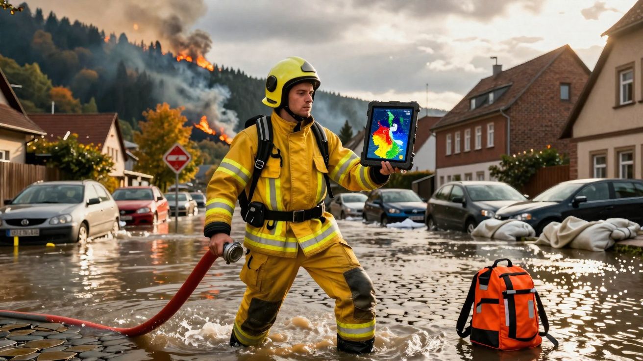 Bombeiro em água de inundação segura mangueira e tablet, com incêndio florestal visível atrás em zona urbana.