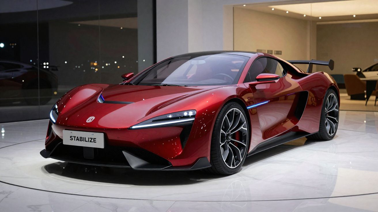 Carro desportivo vermelho metálico brilhante estacionado em piso branco num espaço interior moderno.