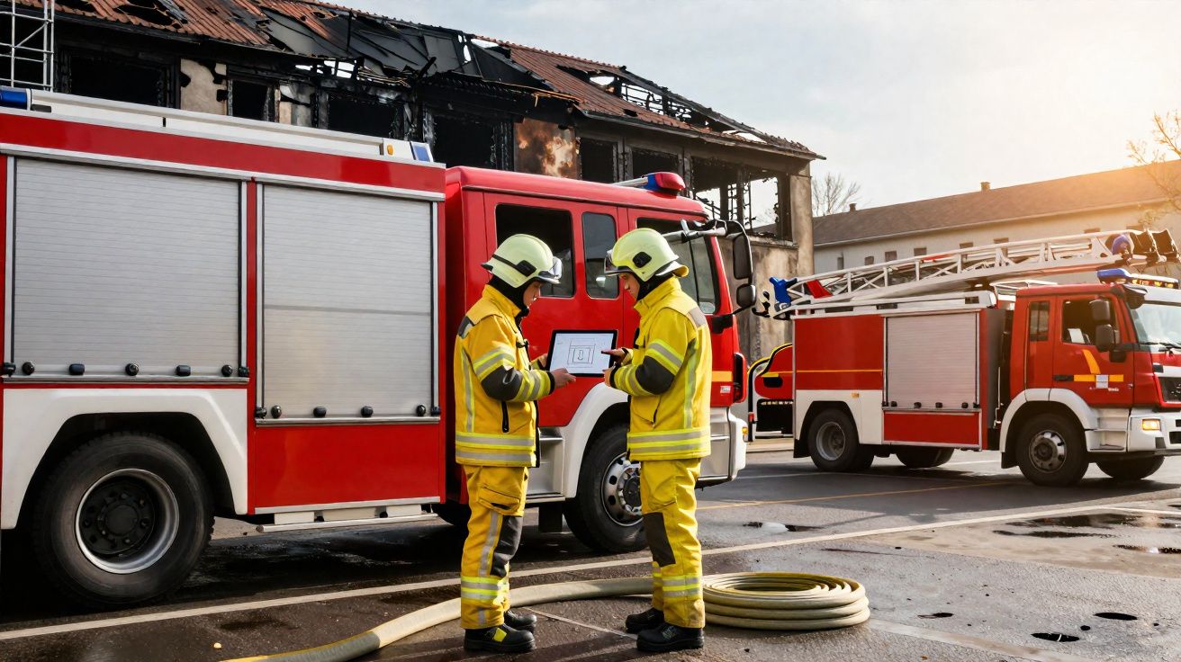 Dois bombeiros de uniforme amarelo a planear junto a dois camiões de bombeiros vermelhos com edifício queimado ao fundo.