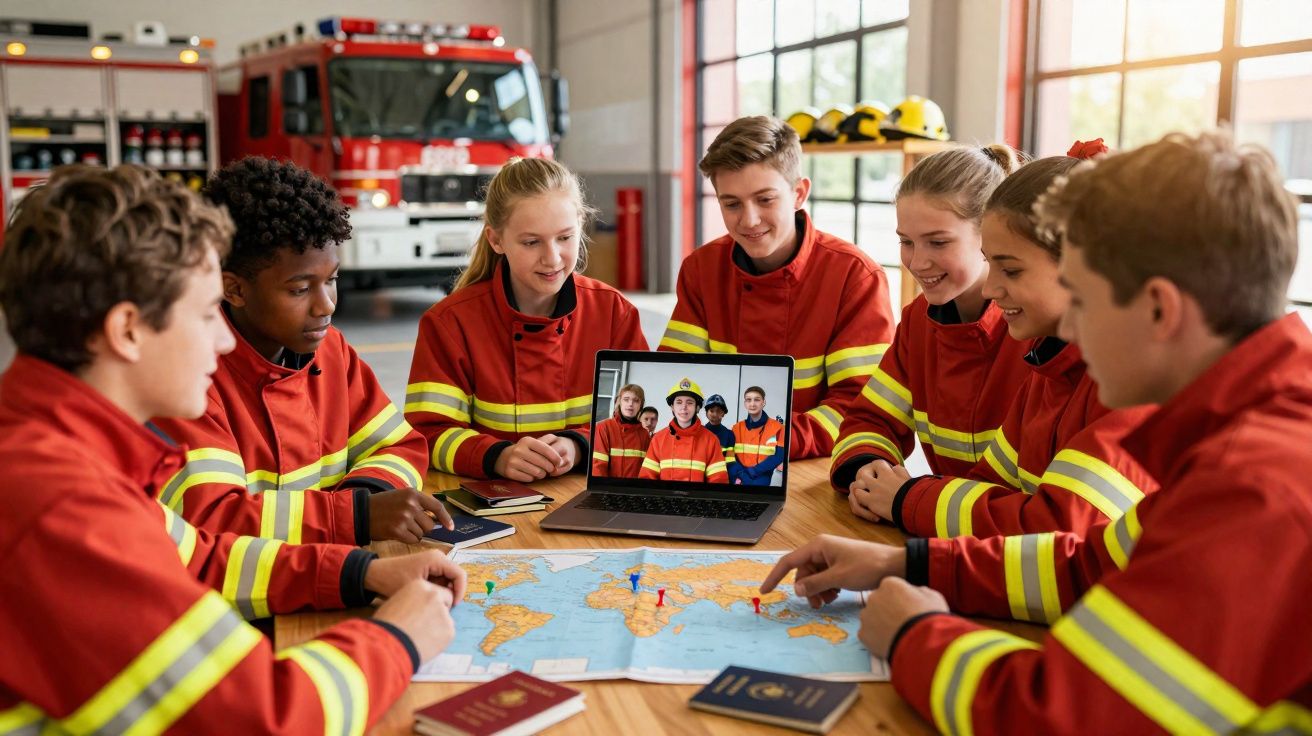 Jovens bombeiros em formação reunidos à mesa com mapa e laptop numa garagem de bombeiros.