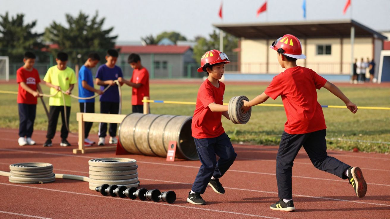 Crianças em pista de atletismo, com capacetes de bombeiro, passam mangueiras num treino ou competição.