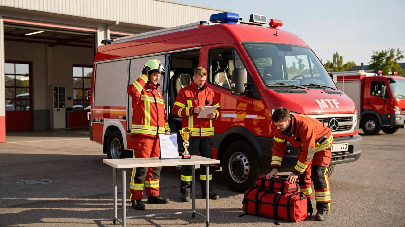 Três bombeiros ao lado de uma viatura de emergência vermelha, preparando equipamento num parque de bombeiros.