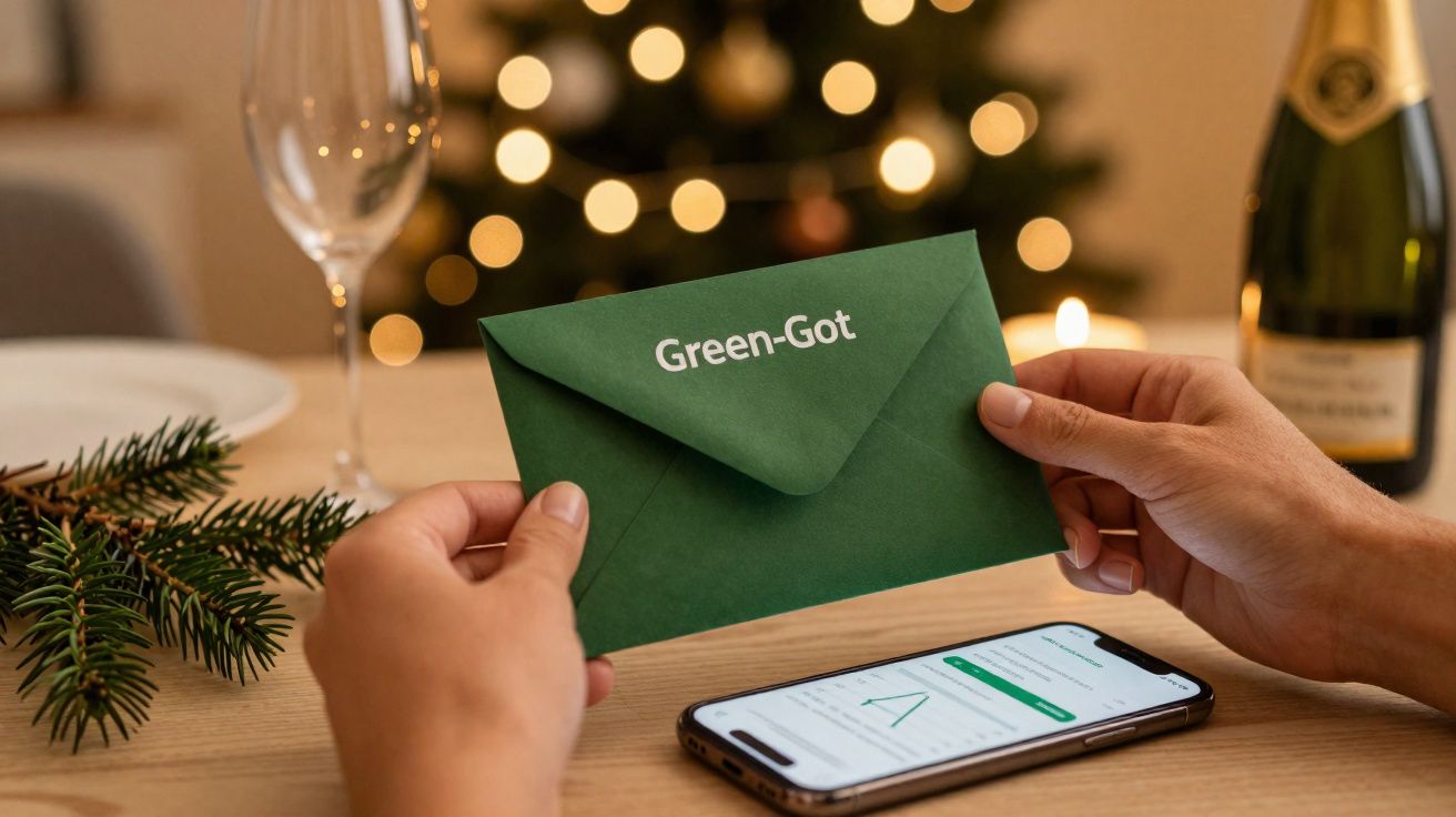 Mãos seguram envelope verde com texto Green-Got, telemóvel na mesa e decoração natalícia desfocada ao fundo.