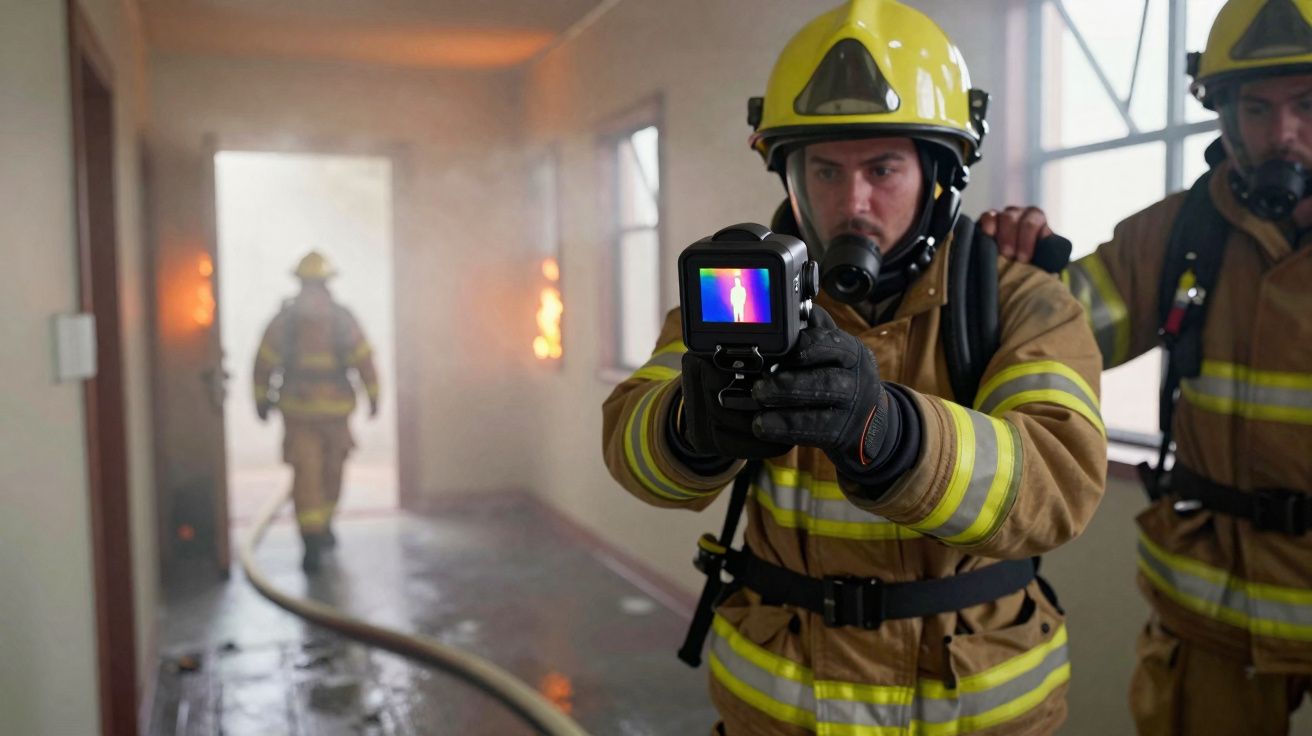 Bombeiros em equipamento completo usando câmara térmica para procurar vítimas num edifício com fumo e fogo.