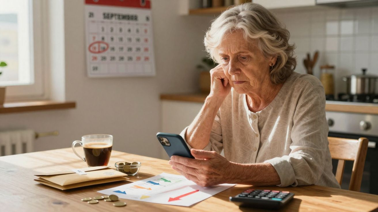 Mulher idosa preocupada consulta smartphone com documentos e calculadora à mesa numa cozinha iluminada.
